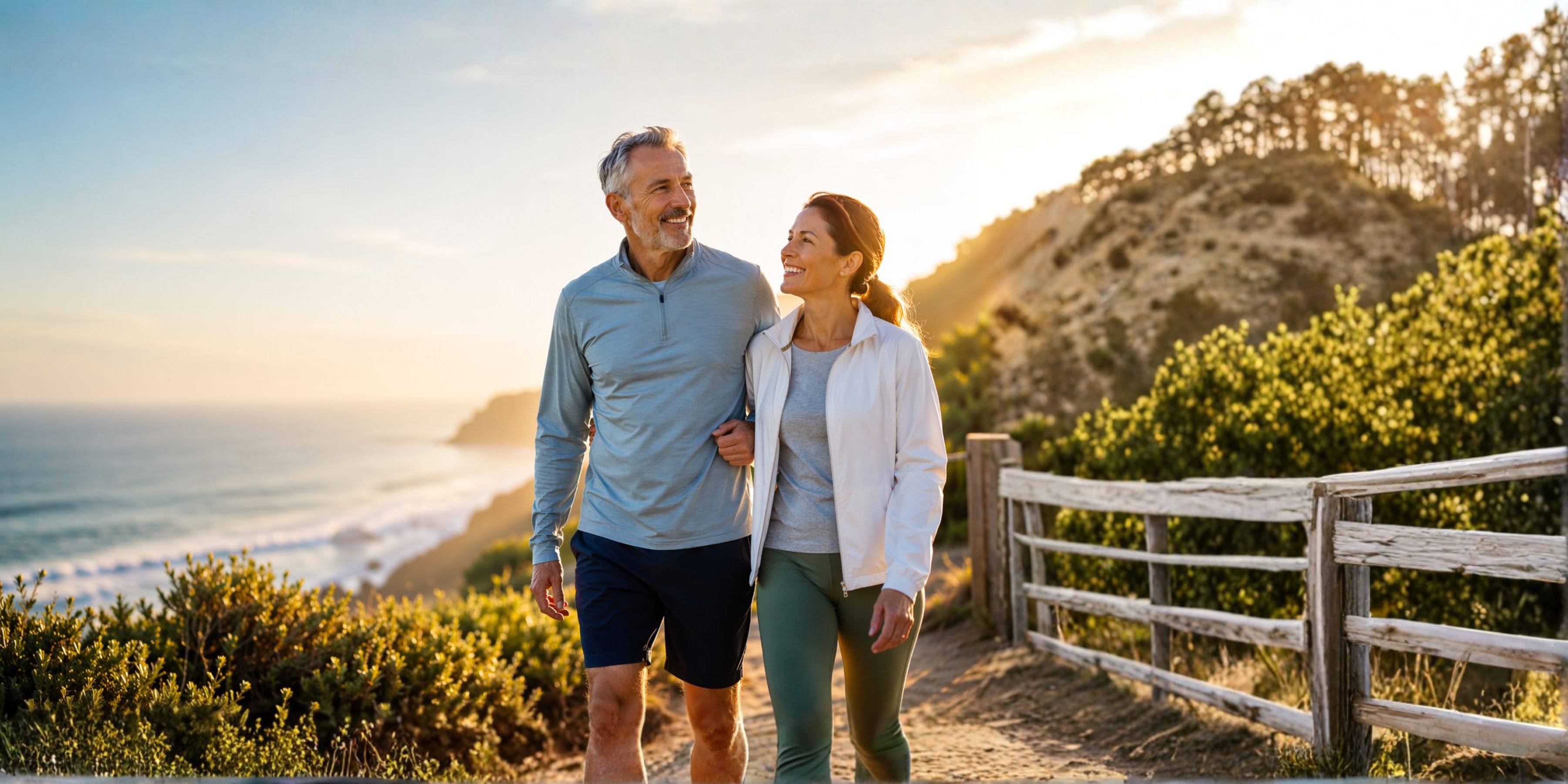 Active couple walking along the coast at sunrise
